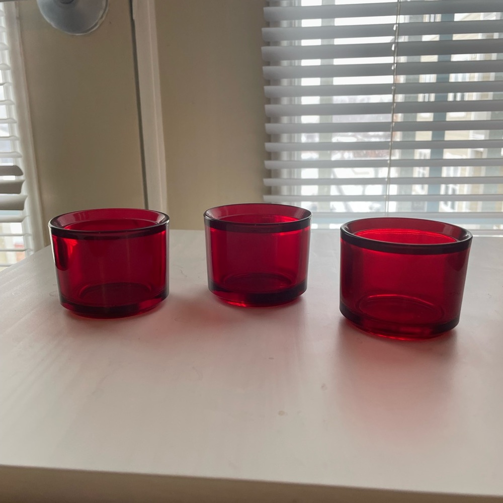 3 red glass small tea light candle holders